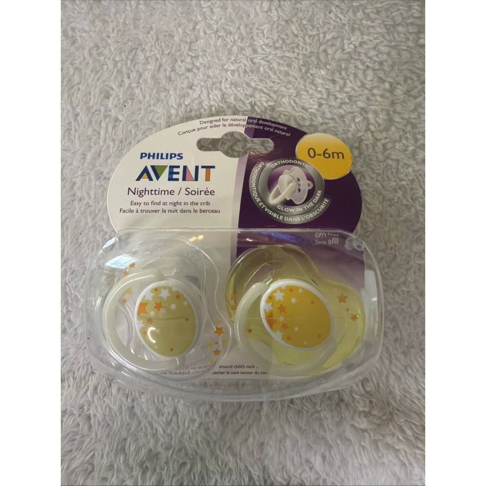 AVENT Nighttime Orthodontic Glow In The Dark 0-6 Mo Pacifier Pack of 2 Philips